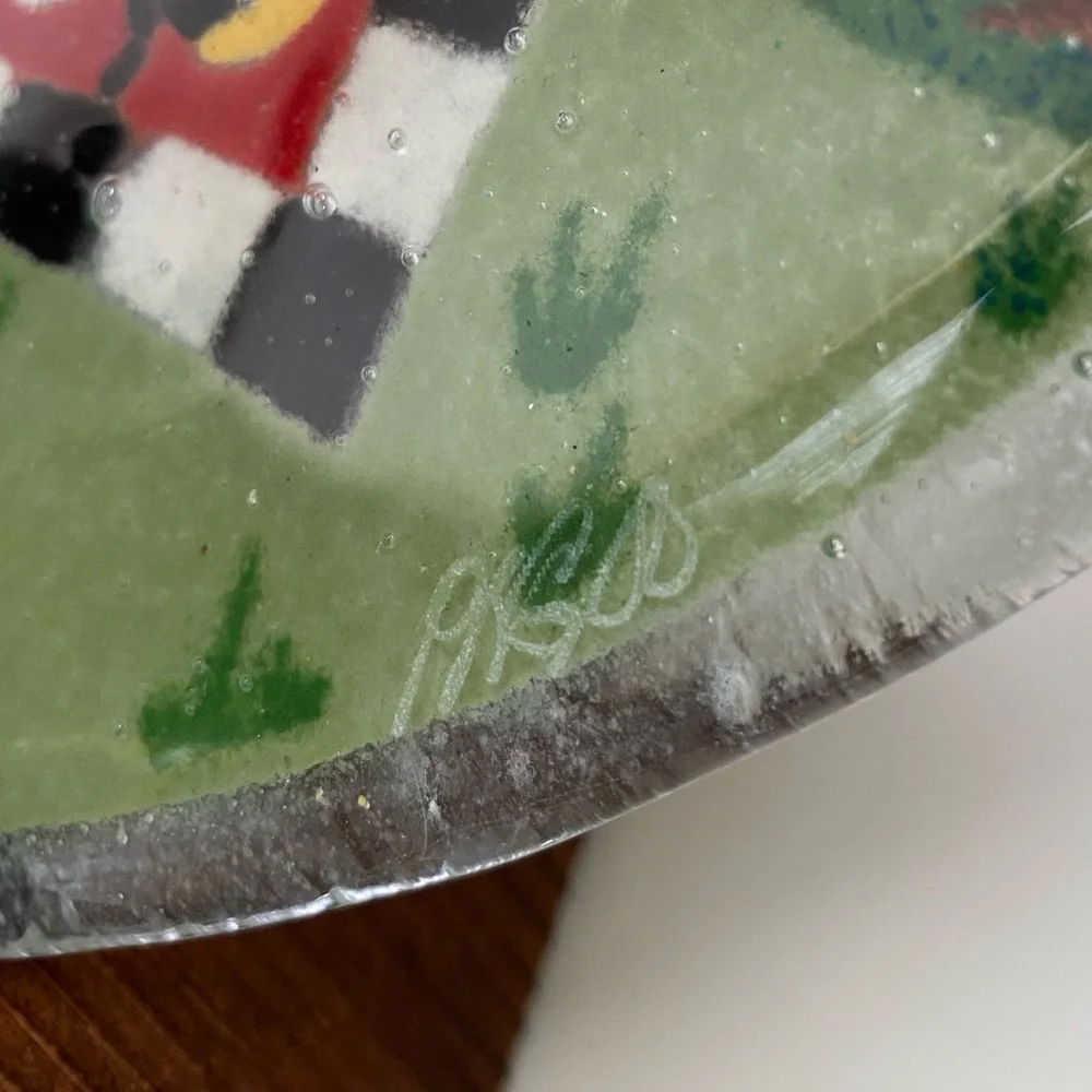 Peggy Karr rooster farmhouse fused glass plate 2000